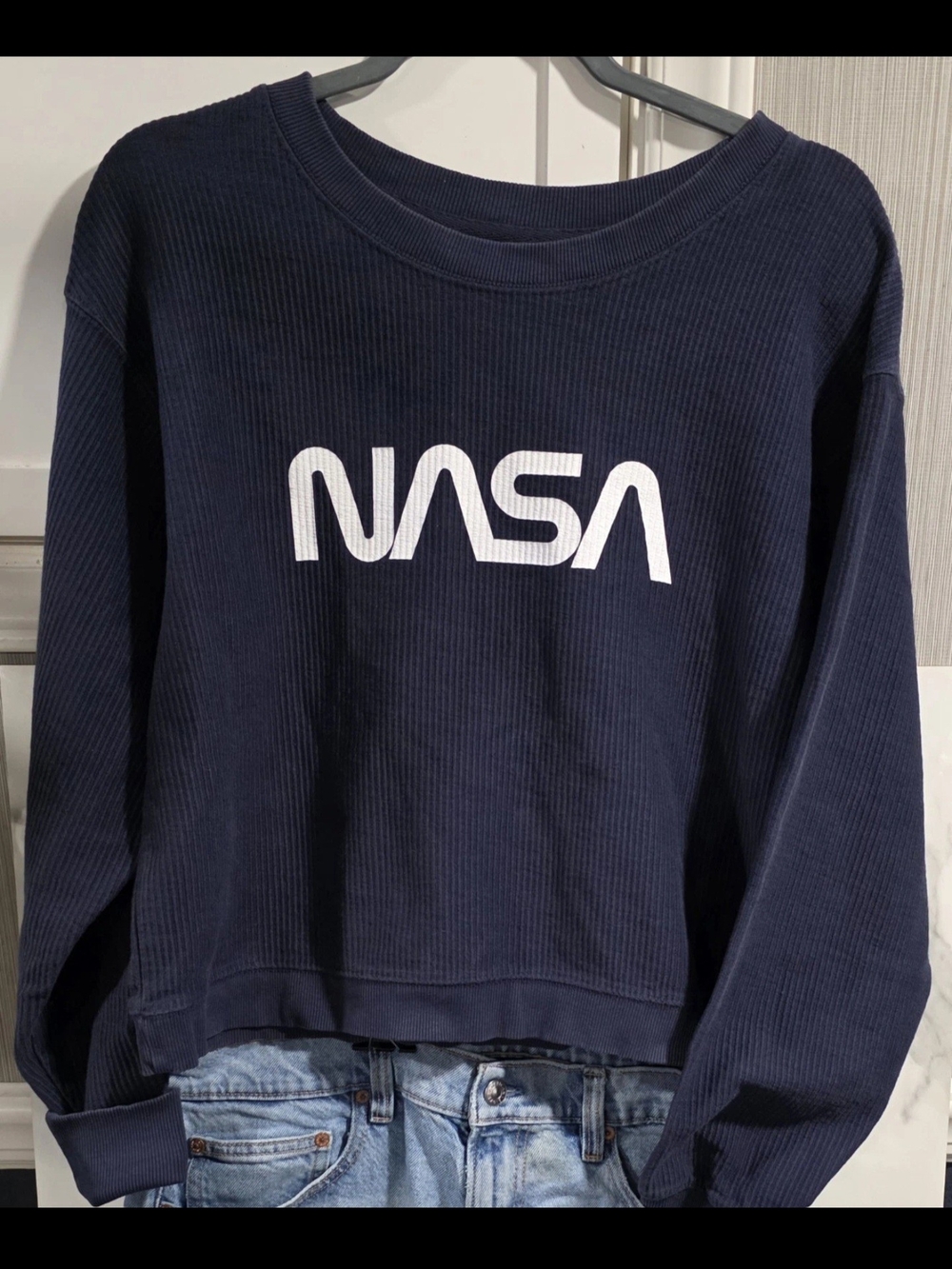 Womems  NASA Cropped Ribbed Denim Blue Sweatshirt Large